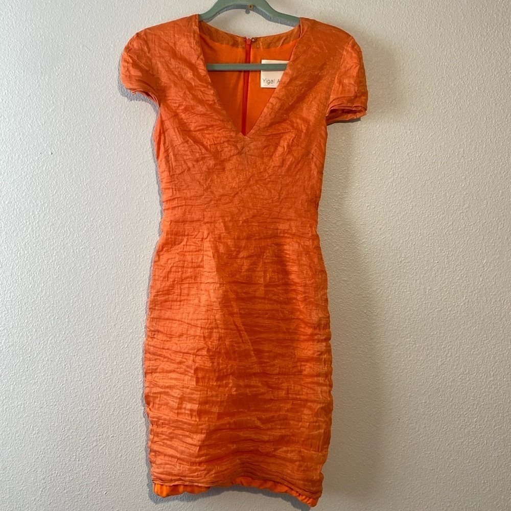 Yigal Azrouel orange Crinkle Fabric V-Neck Cap Sleeve Bodycon Dress